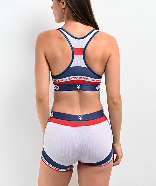 PSD Underwear x Playboy – punasinivalkoinen urheiluliivi “Playboy Racing” -tekstillä